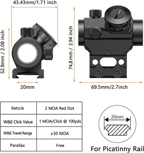 MidTen 2MOA Red Dot Sight - Waterproof & Shockproof 1x25mm Reflex Scope with 1-Inch Riser Mount