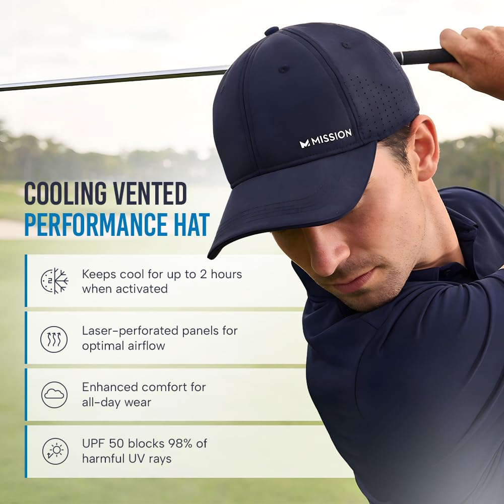 MISSION Cooling UPF Vented Performance Hat - Unisex One Size Cap for Workouts, Golf & Running - Sweat & Water Activated Technology - (Navy)