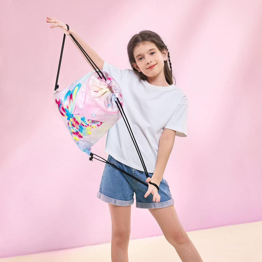 WAWSAM Butterfly Drawstring Backpack for Kids - Waterproof Sports Gym Bag | 13" x 18" Perfect for Beach & Travel