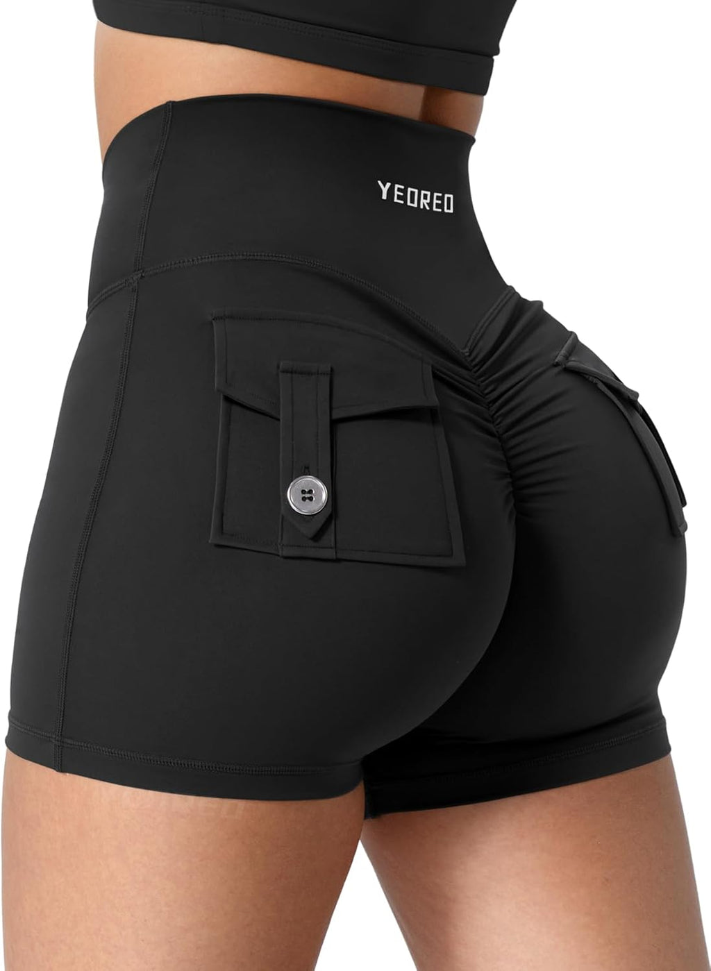 YEOREO CoreFlex Scrunch Workout Shorts - High Waisted Biker Shorts with Pockets for Women