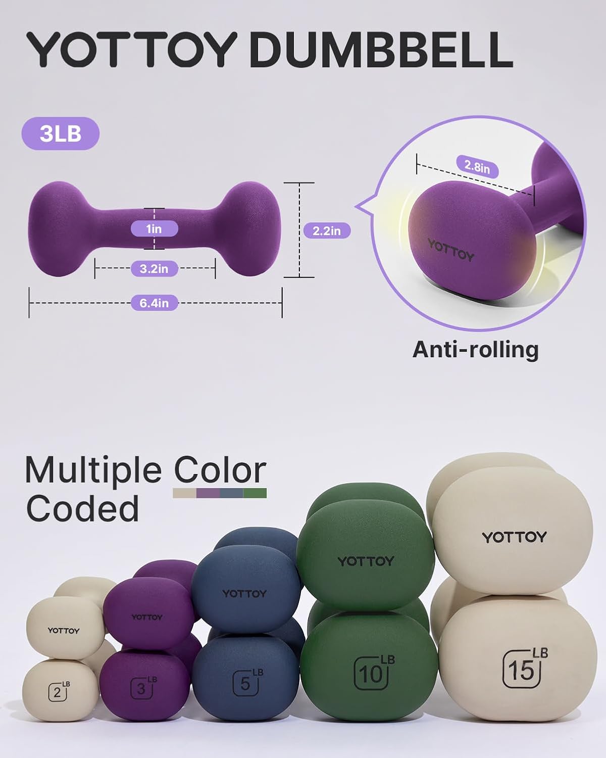 YOTTOY Dumbbell Set for Women - 2 to 15 Pound Non-Slip Hand Weights for Home Workouts | Portable Neoprene Design