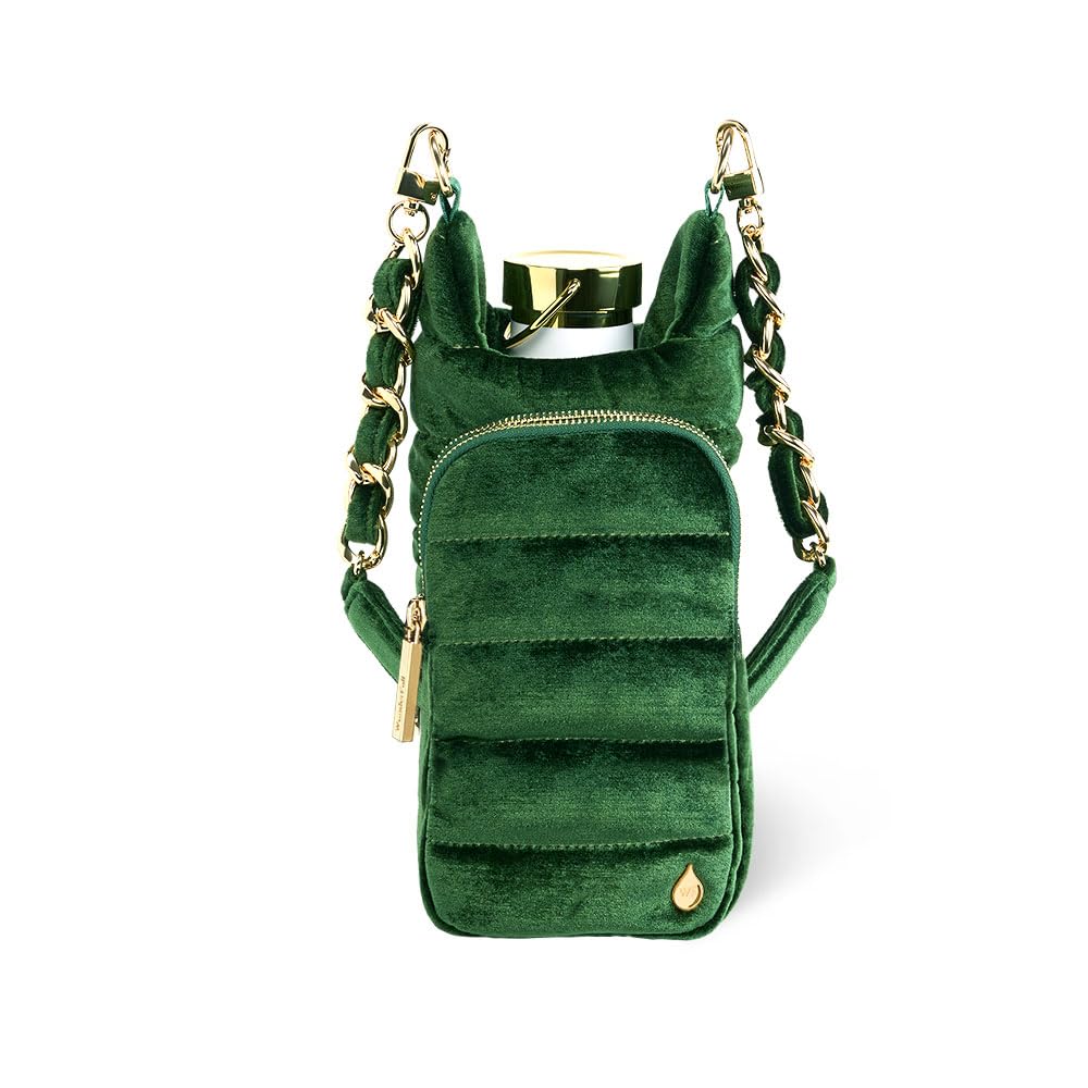 WanderFull® Original HydroBag® Velvet, Fits Up to 32 oz Water Bottle Holder with Gold Chain Shoulder Strap, Hands-Free Crossbody Water Bottle Carrier Bag w/Phone Pocket, Wine Bag - Emerald