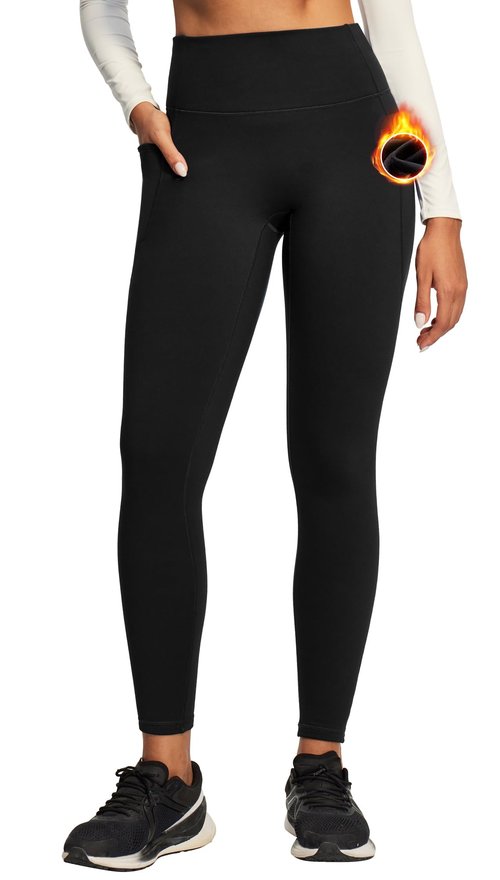 Ewedoos Fleece Lined Leggings Women No Front Seam Compression Thermal Leggings Tummy Control with Pockets Warm Yoga Pants Black