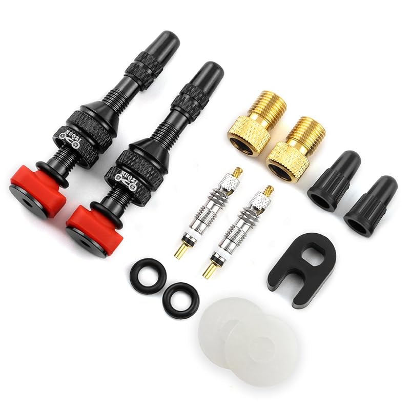 40mm Tubeless Presta Valve Stem Kit - Black, 2 Pack with Cores & Adapters