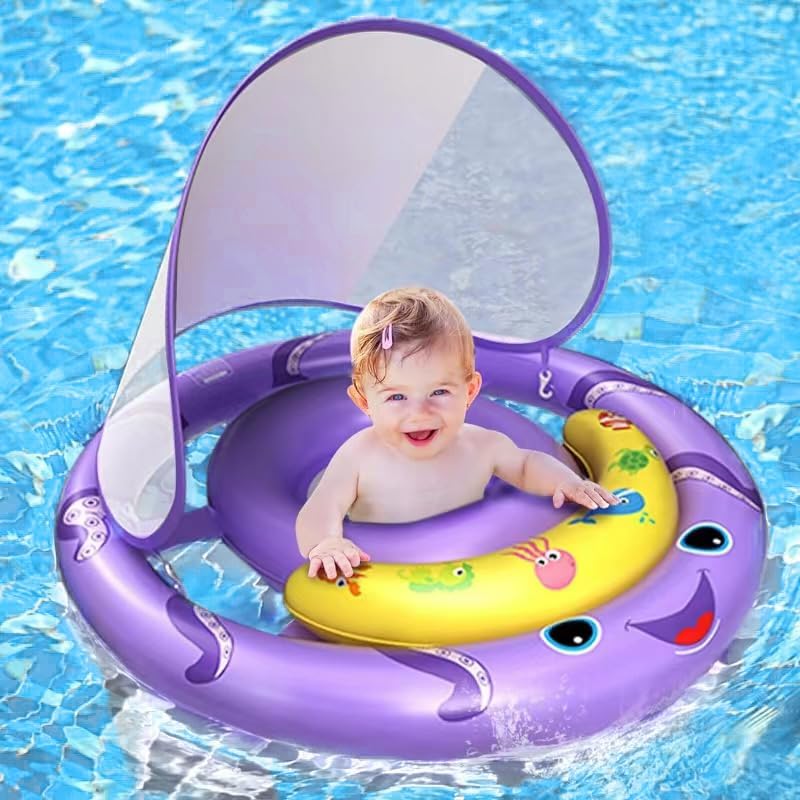 Skiennix Baby Pool Float - Removable UPF50+ Sun Protection Canopy | Extra Wide Octopus Design for 6-24 Months