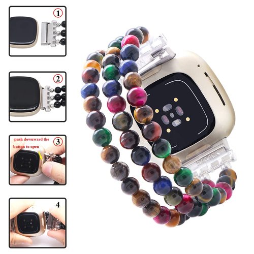 C&L Accessories Bands Compatible with Fitbit Versa 3 Bands/Fitbit Sense Bands for Women Men Beaded Gemstone Replacement Wristband Strap for Versa 3/Sense Smartwatch (Dark Rainbow Tiger Eye)