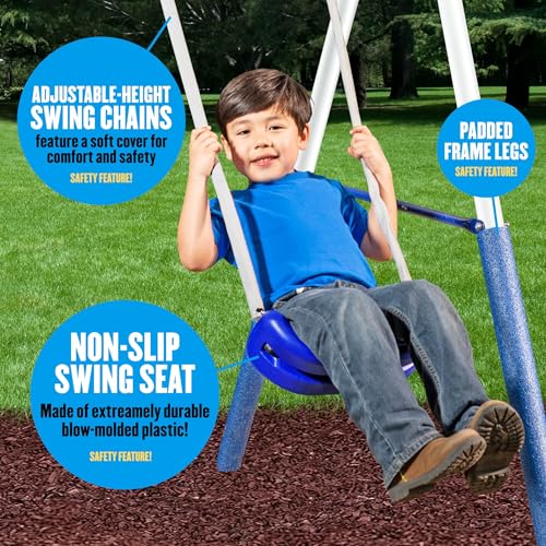XDP Recreation Kids Swing Set with SuperDisc Swing & Safety Padded Frame, 148x93 Inches Backyard Playground for Ages 3-8