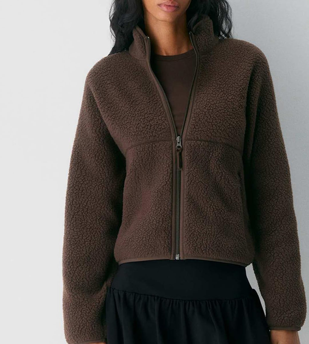 Yozazzy Fleece Jackets Women Causal Long Sleeve Sherpa Jacket Warm Ziper Fuzzy Coat Sweatshirts Trendy with Pockets(Brown-M)