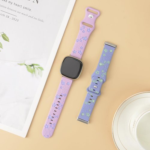 Kimiyaki 2 Pack Floral Engraved Bands for Fitbit Sense 2 / Sense Fitbit Versa 4/ Versa 3 Women, Cute Two-Tone Soft Silicone Sport Strap