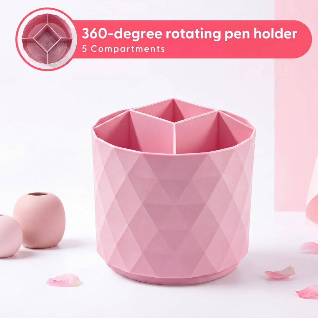 Eersida 20 Pcs Pink Desk Accessories and Organizer with 360° Rotating Pen Holder, Stapler, Staple Remover, Tape Dispenser, Binder Paper Clips Kit, Scissor, Highlighters, Pens, Office School Supplies