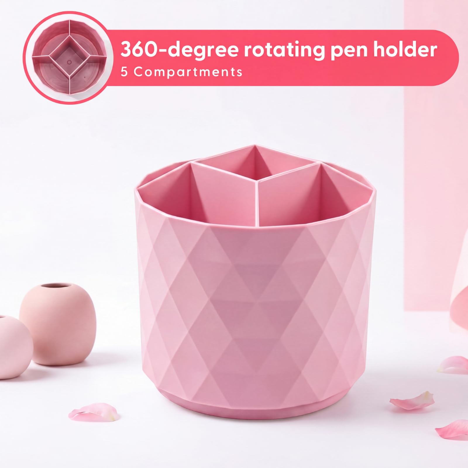 Eersida 20 Pcs Pink Desk Accessories and Organizer with 360° Rotating Pen Holder, Stapler, Staple Remover, Tape Dispenser, Binder Paper Clips Kit, Scissor, Highlighters, Pens, Office School Supplies