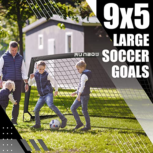 RUNBOW 9x5 FT Kids Soccer Goals Set - 2 Pack, Portable Backyard Soccer Nets with Carry Bag, Black