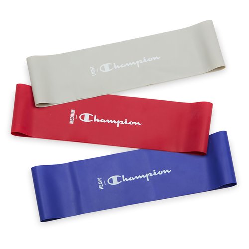 Champion Loop Resistance Bands (3-Pack, Grey/Red/Blue), Light/Medium/Heavy, Odor-Free, 4" Rubber + Latex Exercise Bands, for Strength Training and Physical Therapy, Includes Exercise Guide