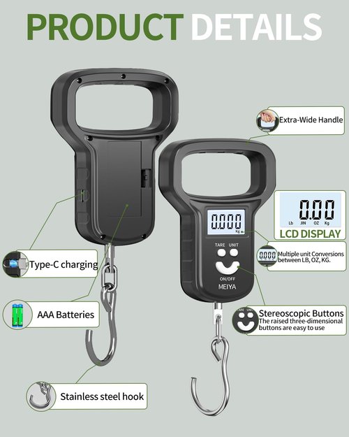 MEIYA Fishing Scale - Dual Power Rechargeable with Backlit LCD Display | Extra Wide Handle, Black