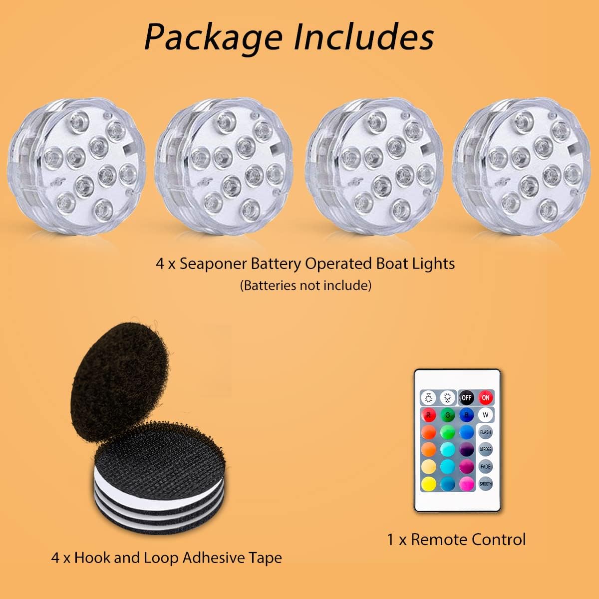 Seaponer Wireless Battery Operated Boat Lights - Waterproof RGB LED Marine Lights for Deck & Interior | 4-Pack