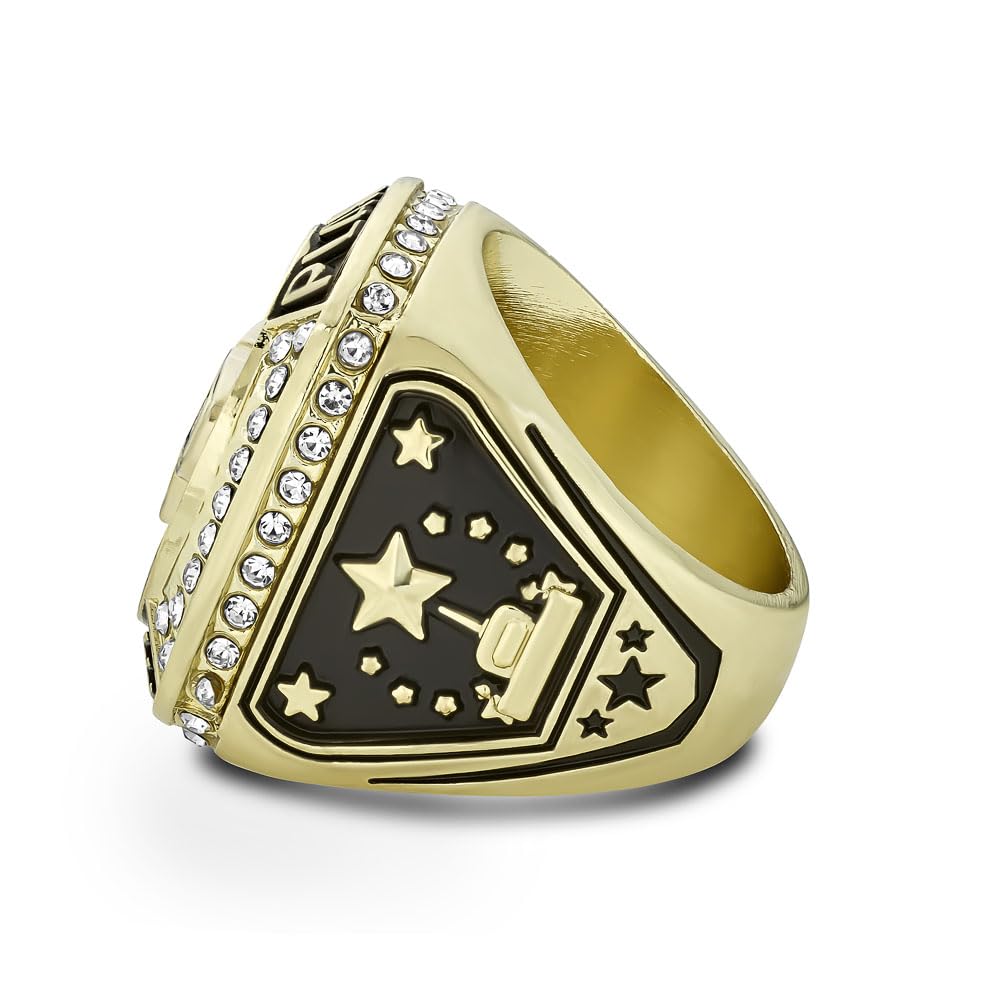 Express Medals Champion Gold Color Trophy Ring with Crimson Red Synthetic Center Stone Award Gift Fantasy Prize with Display Neck Chain and Stand Championship Rings