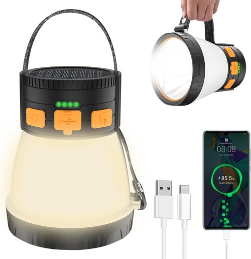 LED Camping Lantern - 1500 Lumens Rechargeable with Solar Panel | Waterproof, 8 Light Modes, 7500mAh Power Bank