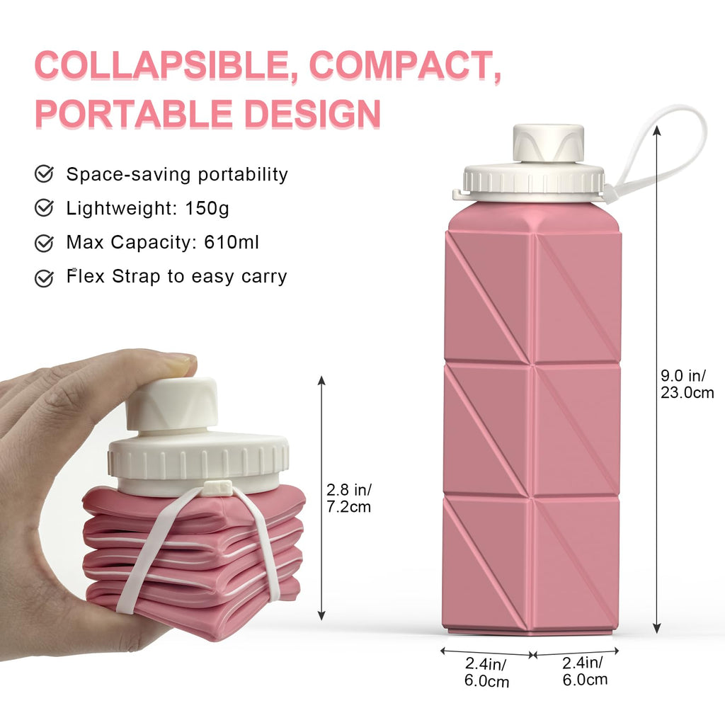 BEAUTAIL Collapsible Water Bottles, Silicone Foldable Portable Water Bottle 610ml, Lightweight Reusable Leakproof for Travel Camping Hiking Cycling Yoga Sports Outdoor, 3 Pack (Blue+Pink+Starlight)