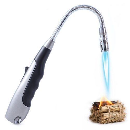 Butane Lighter Long Jet Flame Lighter, Refillable Torch, 360° Flexible Neck, Windproof Jet Flame, Visual Fuel Window, for Fireplace Kitchen Grill BBQ Camping Candle(No Butane Included)