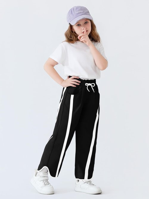 Haloumoning Girls Baggy Wide Leg Pants Kids Striped Elastic Waist Parachute Track Pants with Pockets 5-14 Years Black