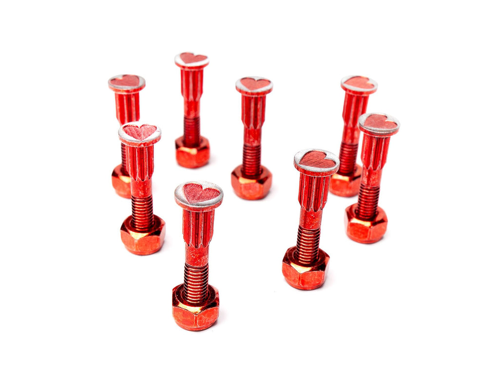 Screw City Skateboard Hardware Set – 8 Bolts & 8 Nuts (1") – Anodized Red Coating, Half-Threaded, Iron Made – Polished Finish – Fits Most Skateboards & Cruisers – Durable Mounting Kit – Heart Design