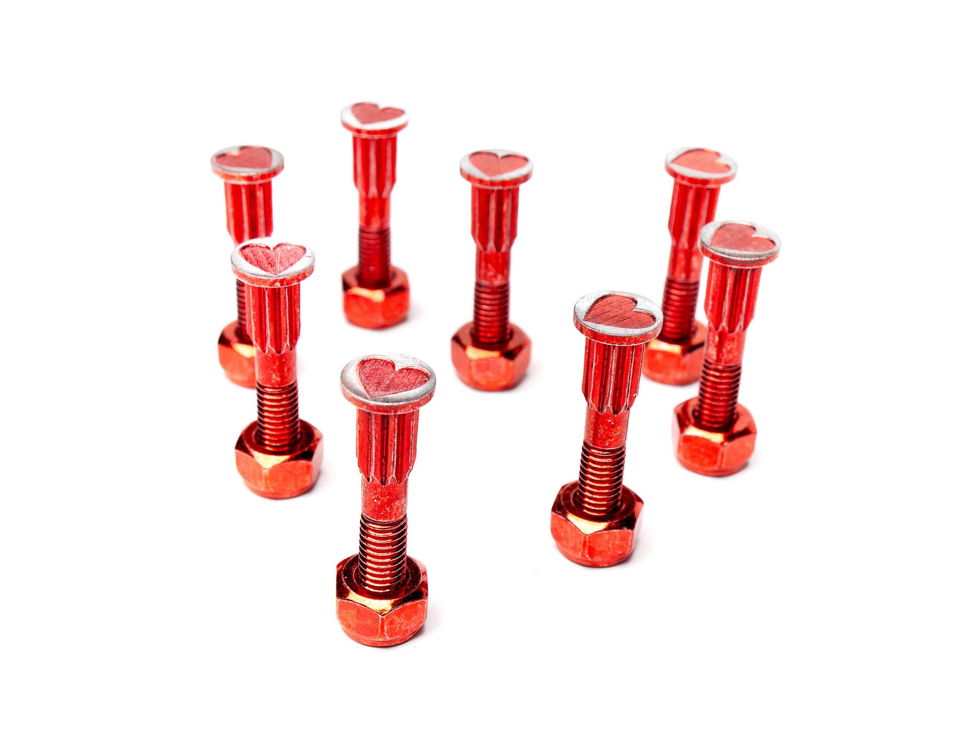 Screw City Skateboard Hardware Set – 8 Bolts & 8 Nuts (1") – Anodized Red Coating, Half-Threaded, Iron Made – Polished Finish – Fits Most Skateboards & Cruisers – Durable Mounting Kit – Heart Design