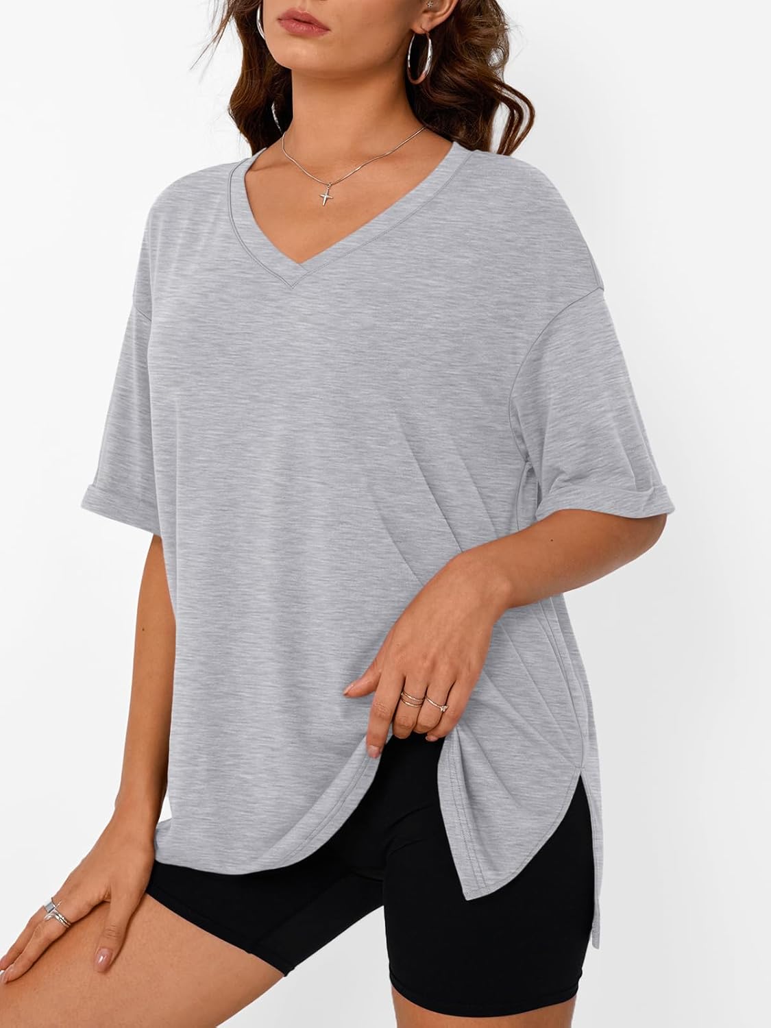 Trendy Queen Plus Size Oversized V-Neck T-Shirt - Breathable Elastic Fabric for Gym & Casual Wear