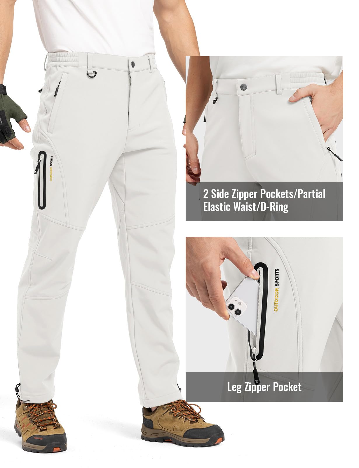 Rdruko Men's Winter Snow Pants, Waterproof Windproof Softshell Fleece Lined Insulated Zip Pocket Hiking Ski Motorcycle (White Grey, 34)