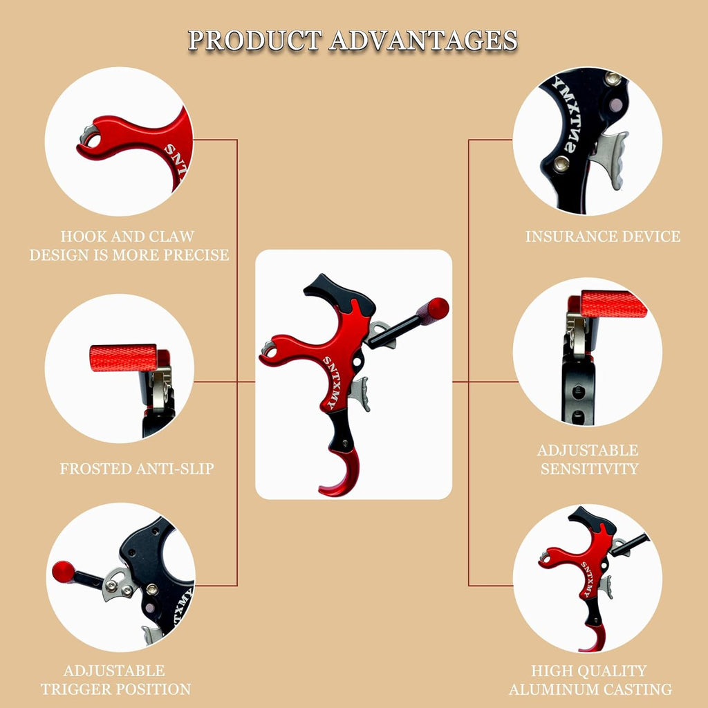 Skiennix Compound Bow Release - Aluminum 360° Rotating Trigger Thumb Release | Black-Red, 3 or 4 Finger