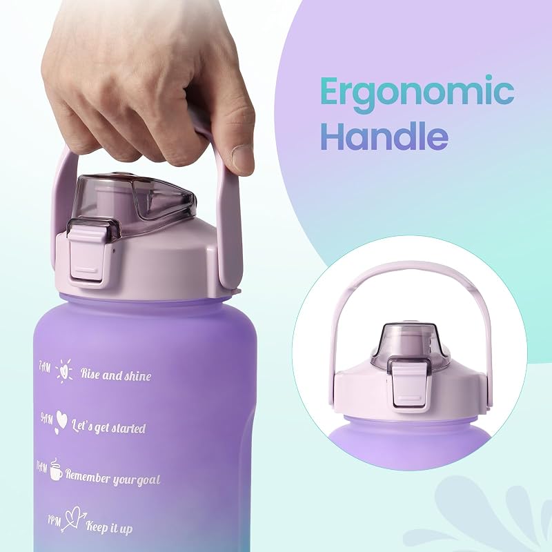 64 oz Time Marker Water Bottle with Straw, Half Gallon Gym Bottle - Purple Cyan (Variation: Purple Cyan)