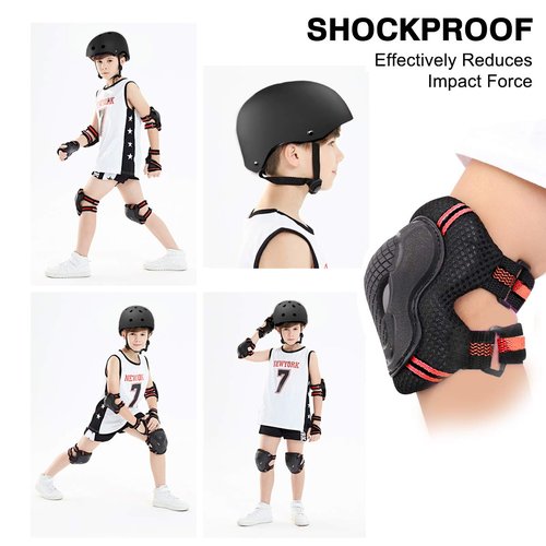 Besmall Adjustable Skateboard Skate Helmet with Protective Gear Knee Pads Elbow Pads Wrist Pads for Youth Outdoor Sports, BMX, Skateboard, Scooter, Bike, Roller, Kid's Protective Gear Set Black L