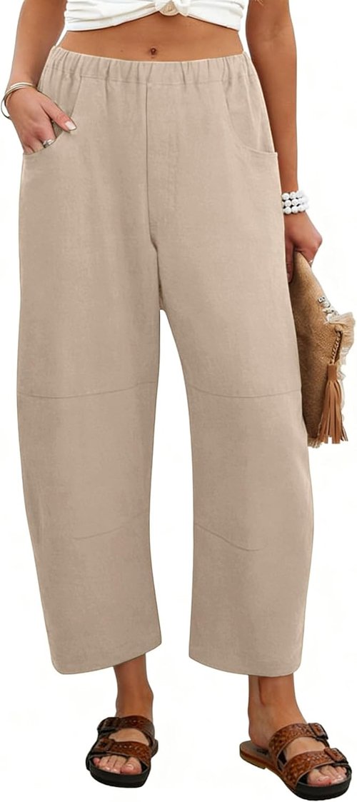 Lviefent Women's Wide Leg Barrel Pants - Casual Elastic Waist Linen Cropped Trousers with Pockets