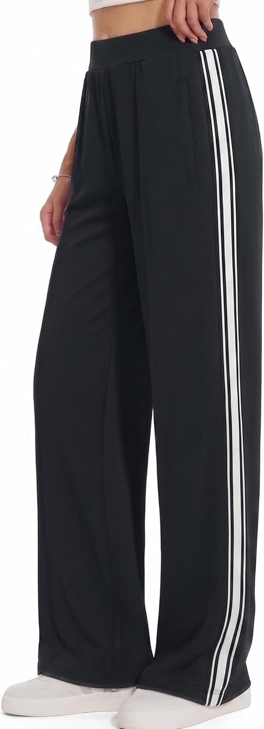 BISUAL Wide Leg Track Pants for Women - High Waisted Cotton Stretch Sweatpants in Baggy Style