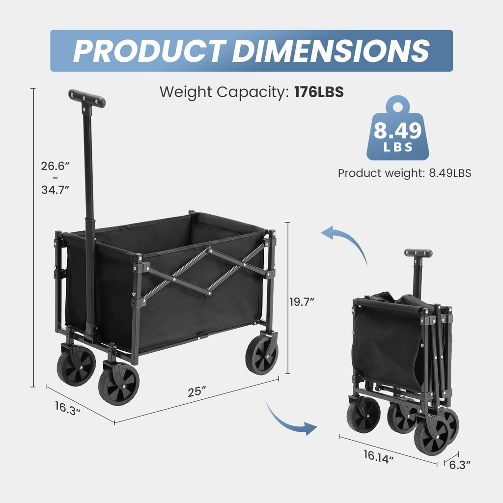 DUMOS Collapsible Wagon with Wheels, 176 lbs Wagons Carts Foldable Wagon Cart with Flexible Handle, Lightweight Portable Folding Utility Grocery Shopping Cart for Grocery Sports Garden Camping - Black
