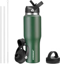 Skiennix 40 Oz Insulated Water Bottle - Leakproof Travel Mug with Straw Lid & Spout - Olive