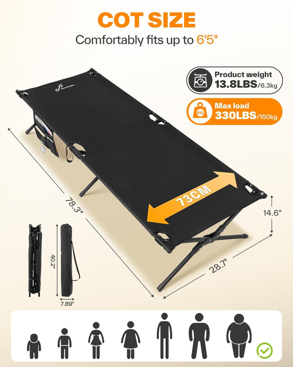 Sportneer Camping Cot: 78.3"x28.7"x14.6" Comfort Cot Bed for Camping Traveling Guest Bed, Sleeping Cots for Adults with Side Pockets & Storage Bag - Ease of Assembly, Support 330 Lbs