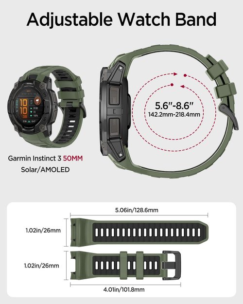 Miimall Silicone Band for Garmin Instinct 3 50mm, Sweatproof, Lightweight, 26mm Adjustable Watch Bracelet Replacement Sport Strap for Garmin Instinct 3 SOLAR/AMOLED for Men Women, Green-Black