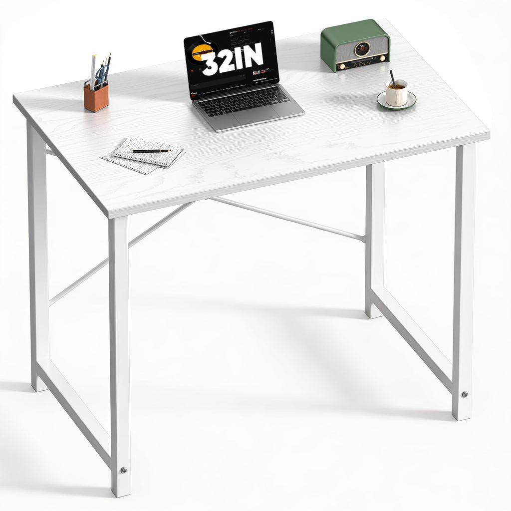 Sweetcrispy Computer Small Desk, 32 Inch Office Writing Work Study Student Home Bedroom Table with Metal Frame Wooden Tabletop No Wheels - White Wood Compact