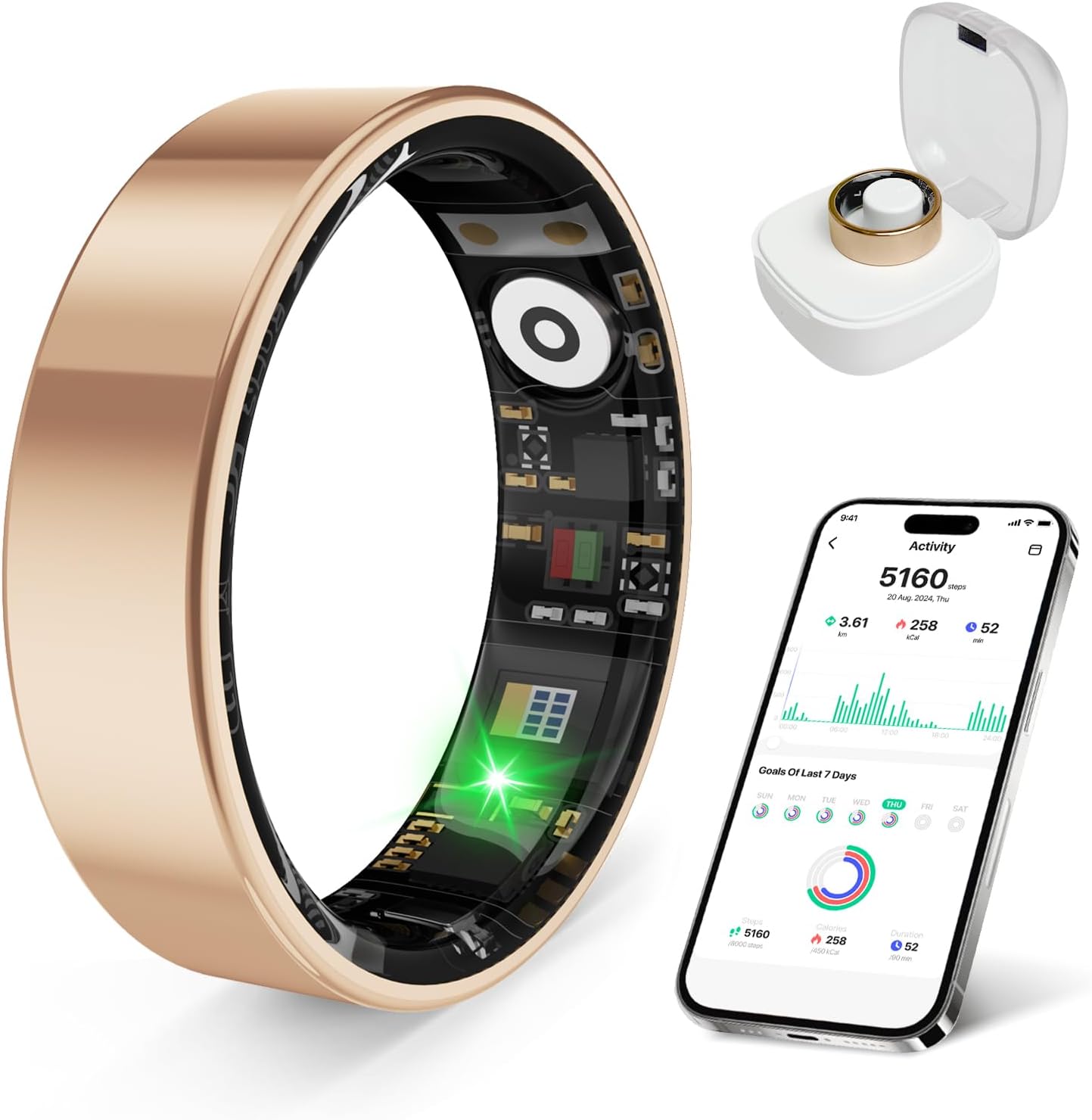 Smart Health Ring, Featuring Stress and Sleep Monitoring Functions, Compatible with iOS and Android,Waterproof Fitness Tracker for Women & Men, No Subscription Fee. (Rose Gold, 9)