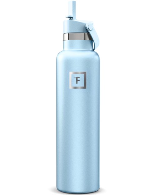 IRON °FLASK Camping & Hiking Hydration Flask with Straw, Narrow Mouth Insulated Stainless Steel Sports Water Bottle - Morning Mist 24 oz - Straw (1 Lid)