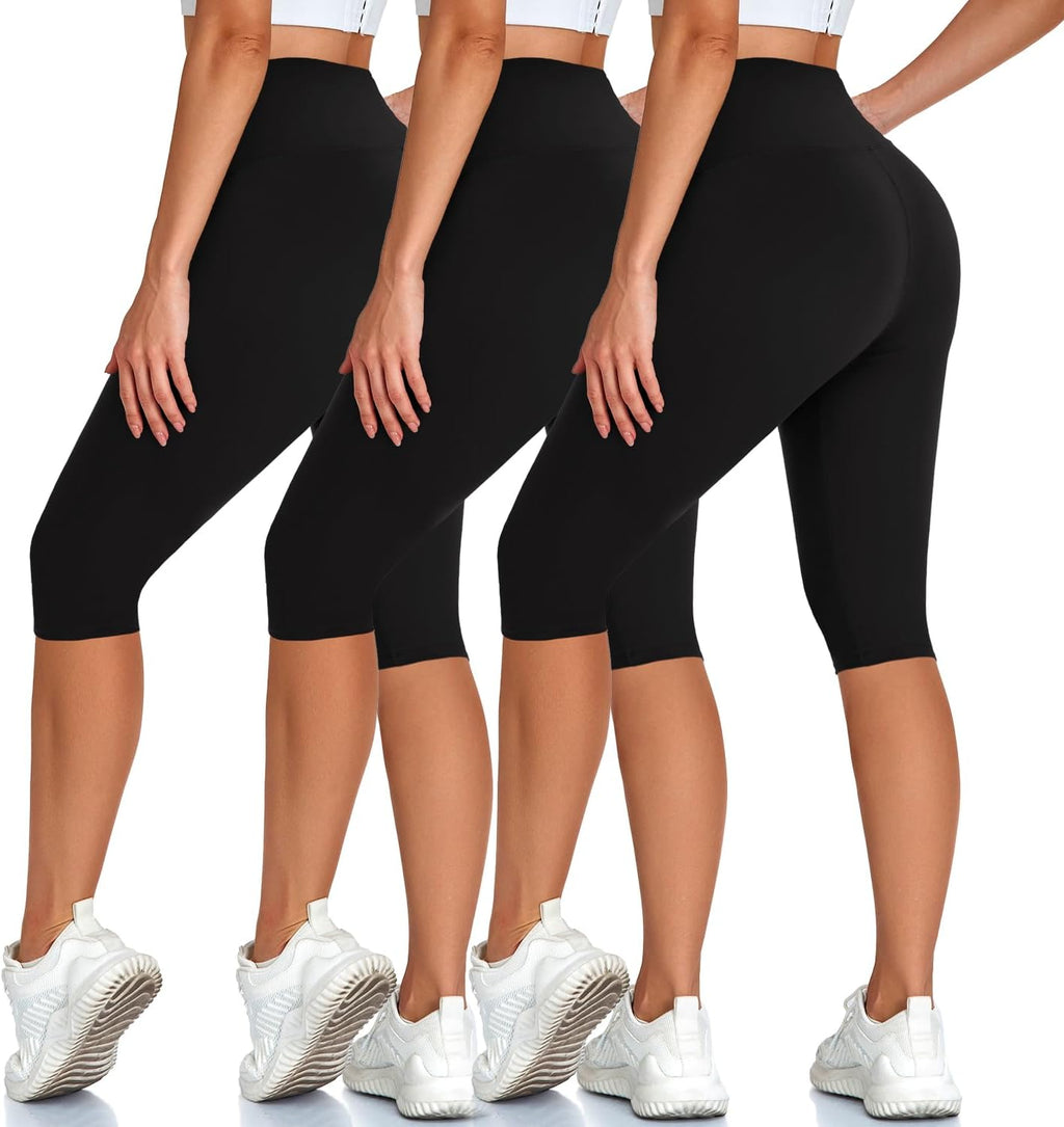 Skiennix High Waisted Capri Pants - 3 Pack Knee Length Yoga Shorts for Women | Summer Activewear