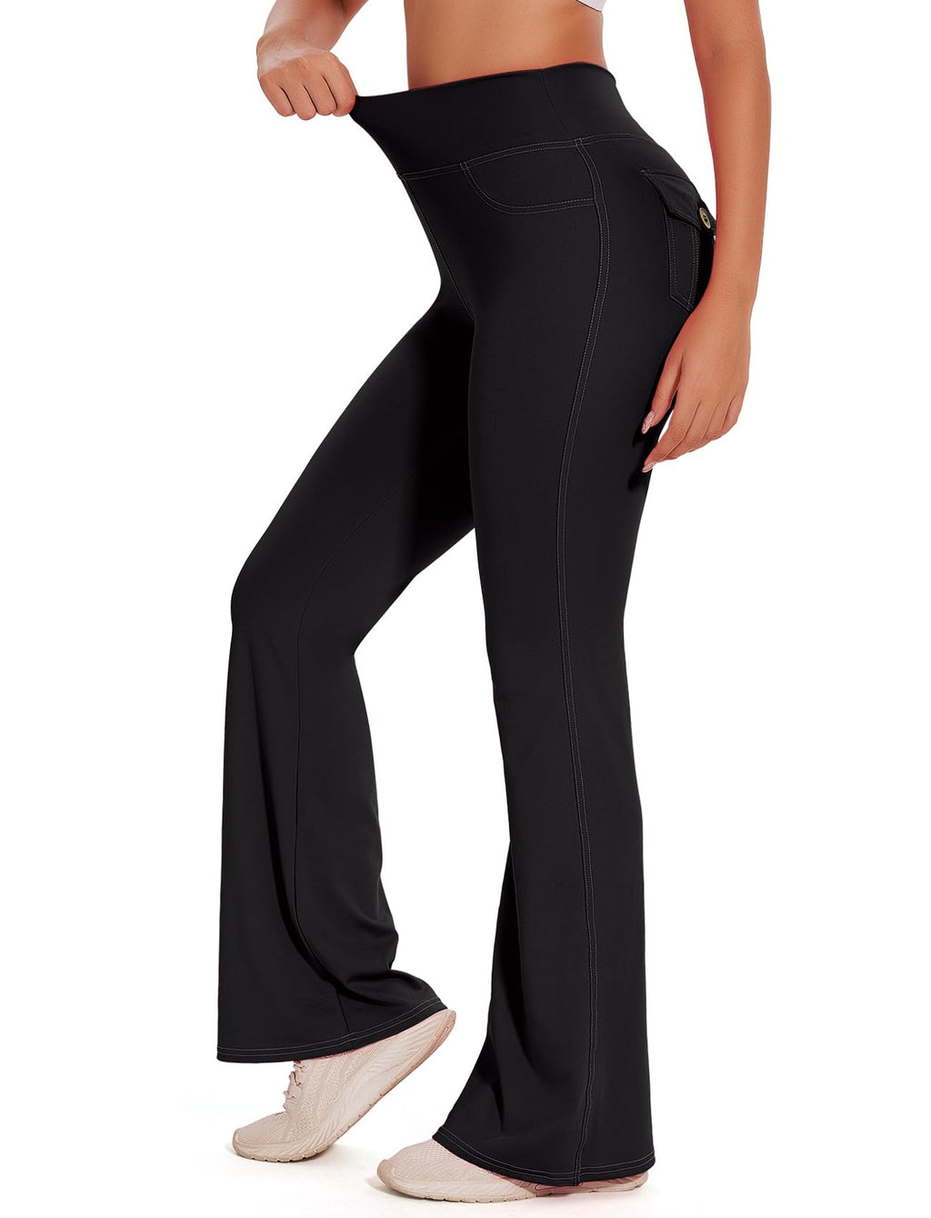 SEASUM Cargo Yoga Flare Leggings for Women Flap Pockets Butt Lifting Workout Gym Contrast Stitching Bootcut Casual Pants Imitation Jeans Black XL