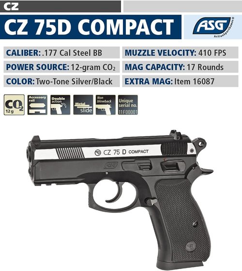 ASG CZ 75D Compact .177 Caliber Steel BB Gun - Non-Blowback Air Pistol with Magazine