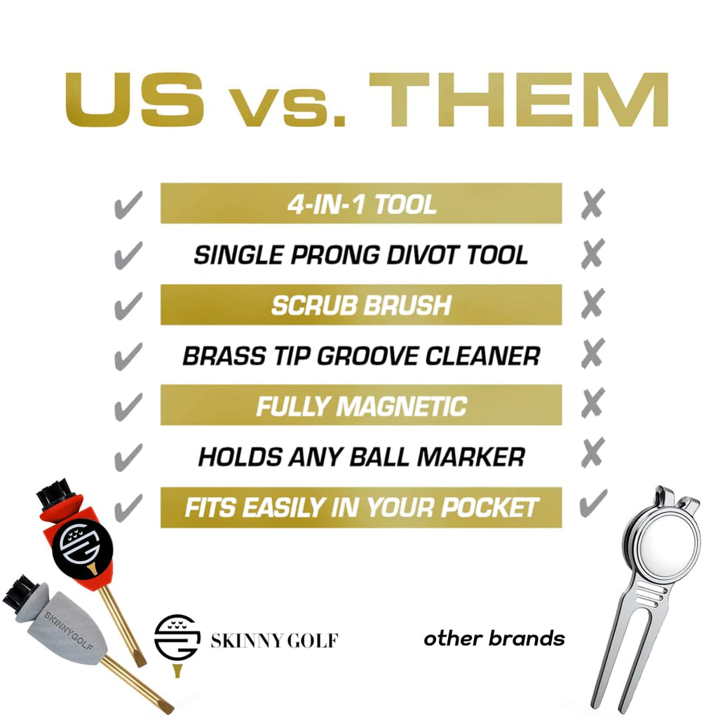 Skinny Golf Pocket Caddie | The Ultimate 4-in-1 Golf Tool | with Scrub Brush, Brass Tip Groove Cleaner, Divot Repair & Ball Marker | Fits Easily in Your Pocket | Holds Any Ball Marker (Red)