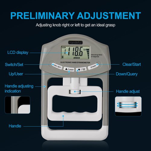 Handeful Grip Strength Tester Trainer - Dynamometer Handgrip Measurer Meter, Handheld Strengthener Exerciser for Sports, School, and Home Use (198Lbs / 90Kgs)
