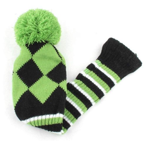 GOOACTION 3PCS Knitted Golf Head Covers 1-3-5 for Driver and Fairway Woods with Long Neck Sock Vintage Argyle Black and Dark Green Pom Pom Golf Club Head Covers Set
