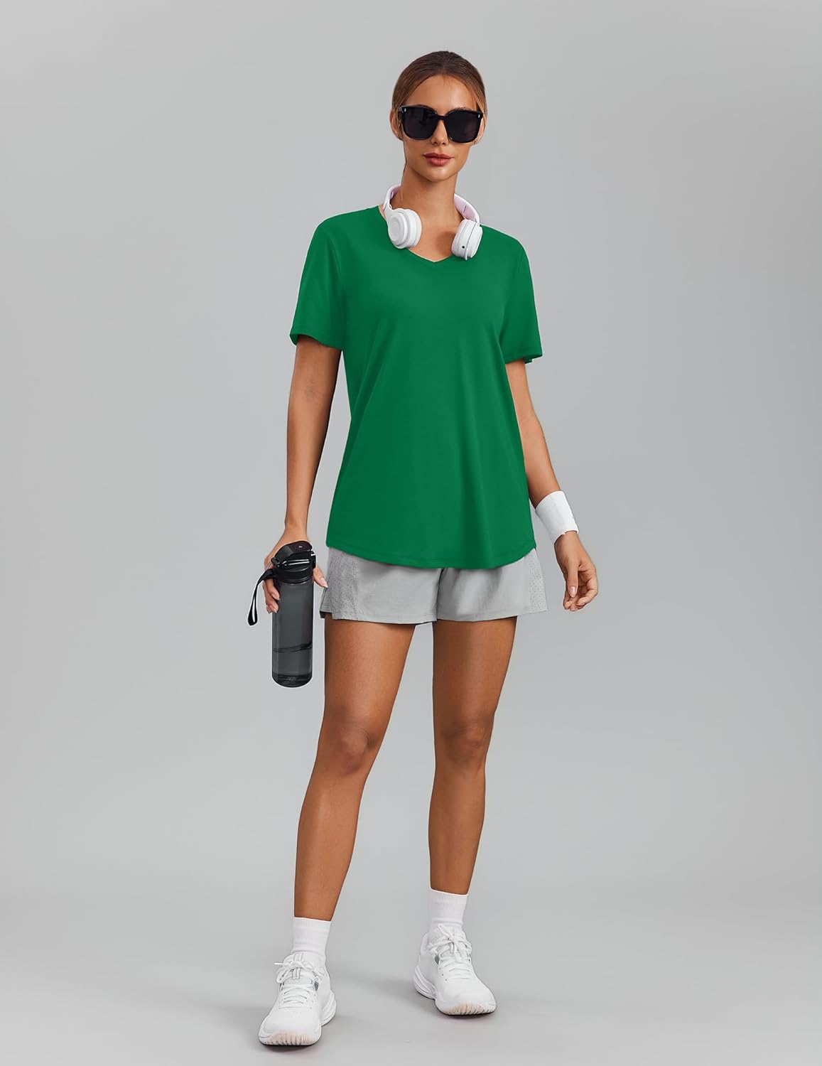 PINSPARK Soft Workout Tops for Women - Short Sleeve V-Neck, Moisture-Wicking, Quick-Dry Gym Shirt | UPF 50+ Sun Protection