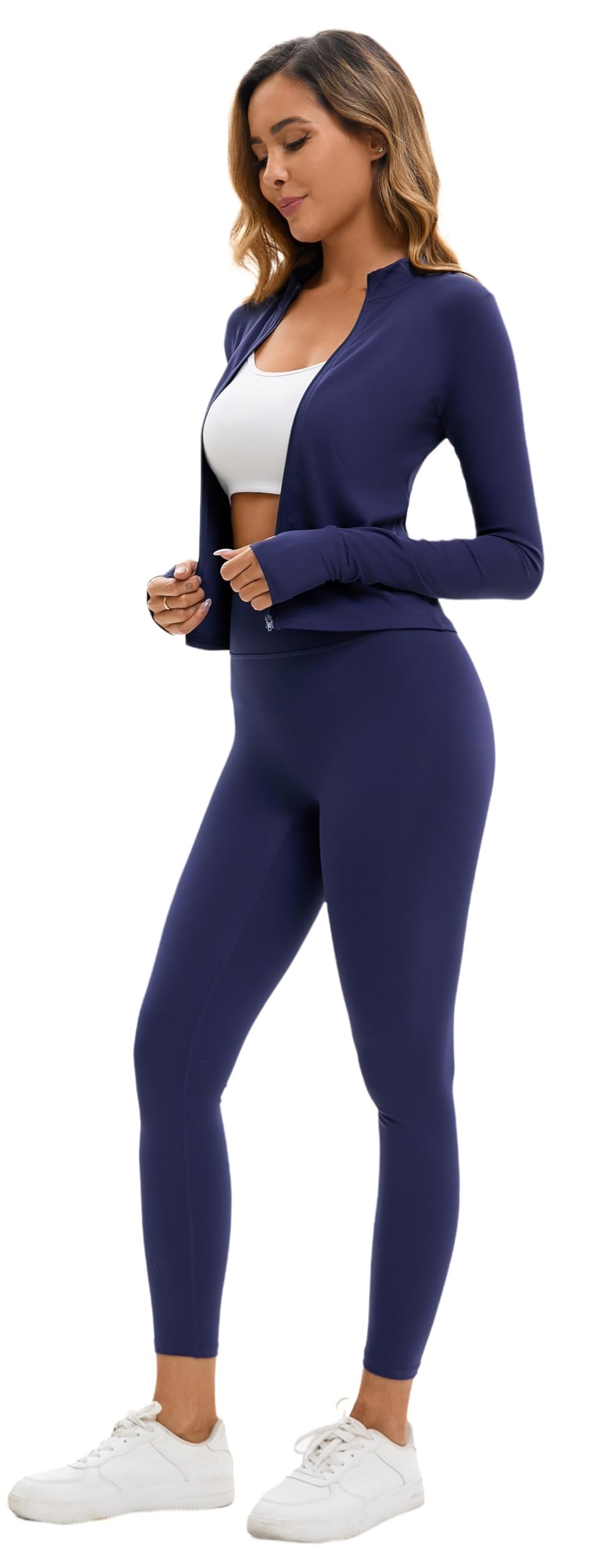 Womens 2 Piece Workout Set Gym Leggings Zip Up Jacket Matching Set Tummy Control Pants Athletic Outfit M Navy Blue