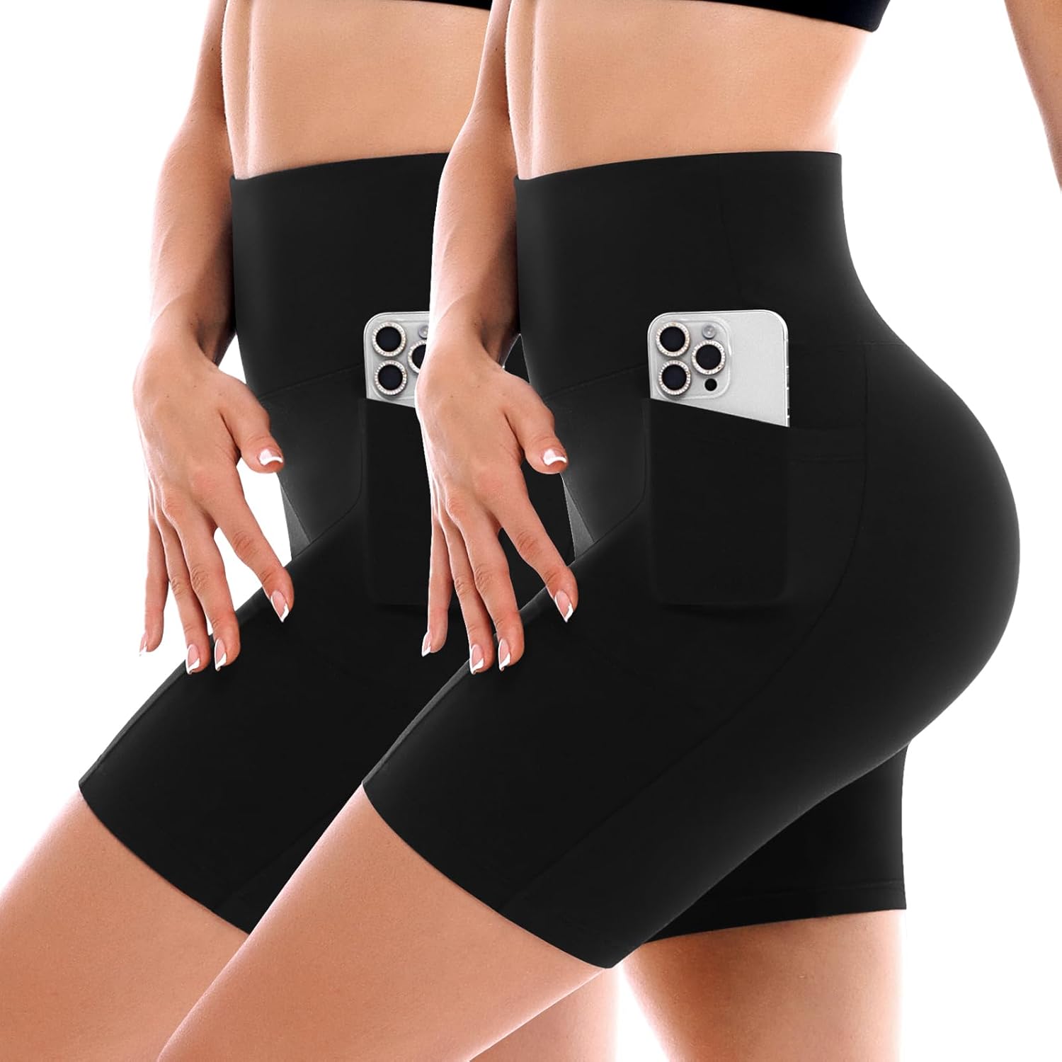SINOPHANT Biker Shorts - High Waist, Buttery Soft Fabric with Pockets for Yoga & Gym | 2 Pack