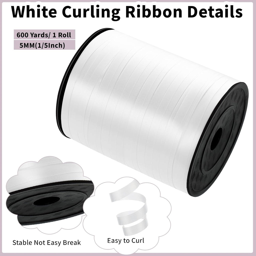Skiennix White Curling Ribbon - 600 Yards, 1/5 Inch Thin Ribbon for Gift Wrapping & Party Decorations